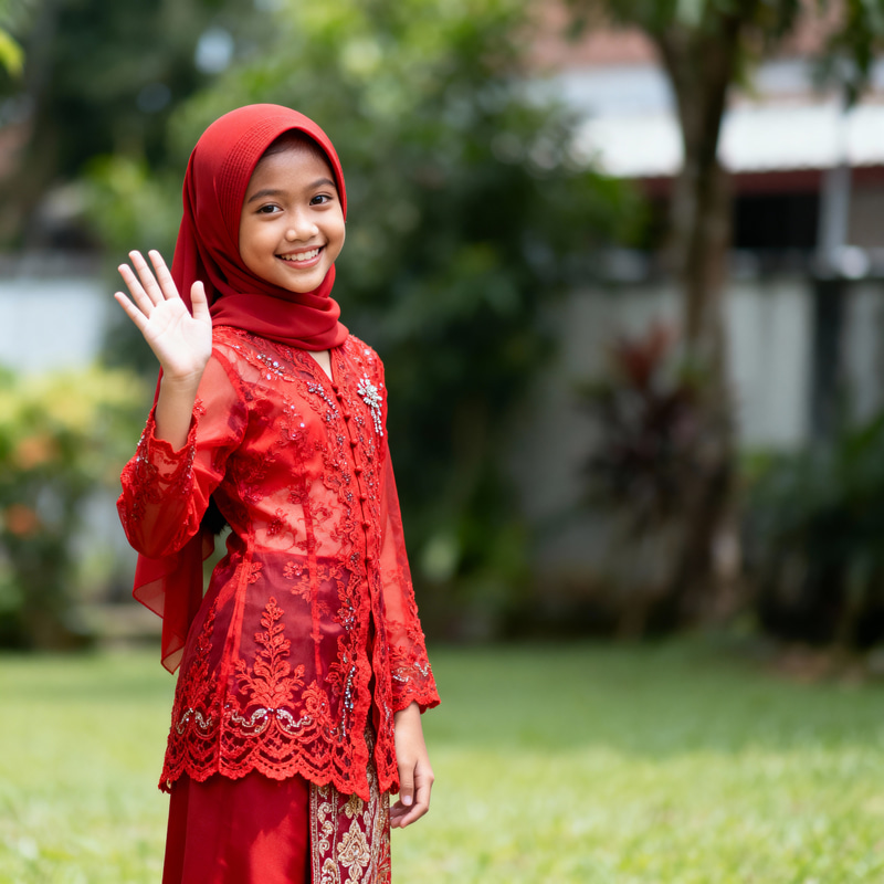 Traditional Malay Girl in Elegant Red Kebaya