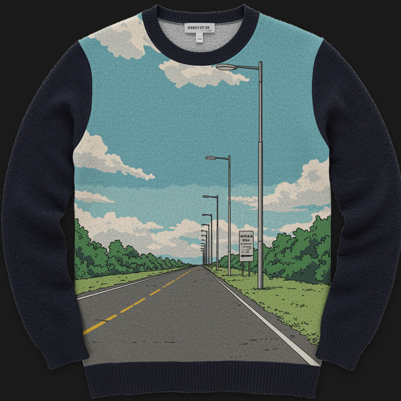 Anime-Style Wool Sweater with Scenic Path Design