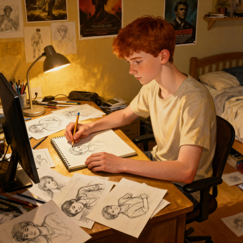 Creative Boy Drawing in His Colorful Room Creative Boy Drawing in His Colorful Room