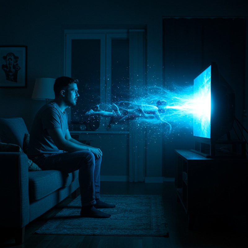 Surreal Scene: Man Pulled into Glowing TV Light