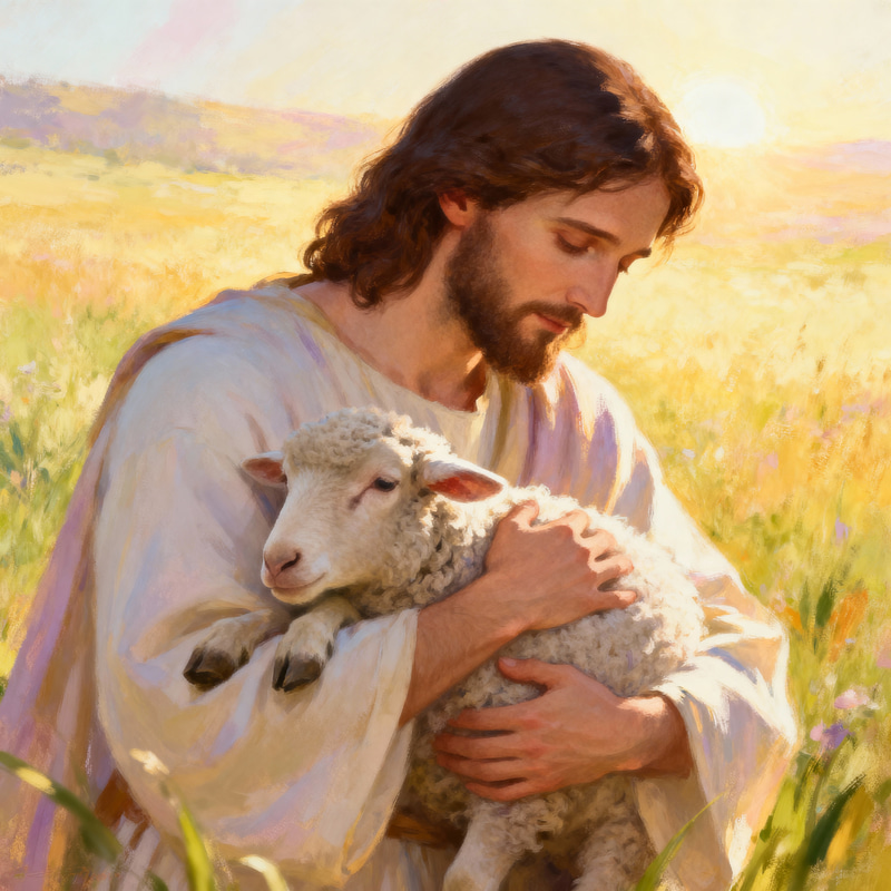 Jesus the Good Shepherd in a Sunny Meadow