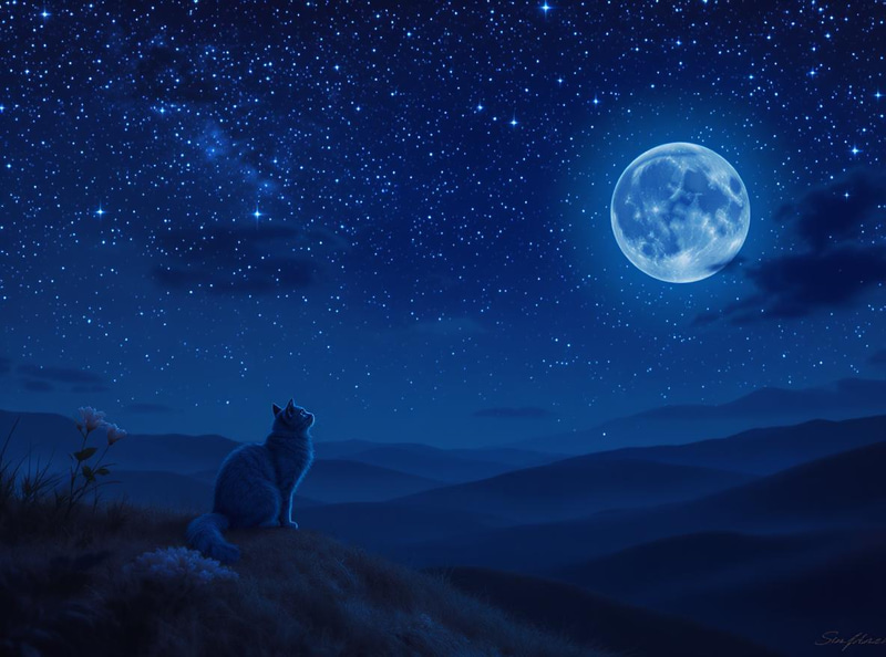 Night Sky with Lady Moon and Blue Cat Night Sky with Lady Moon and Blue Cat