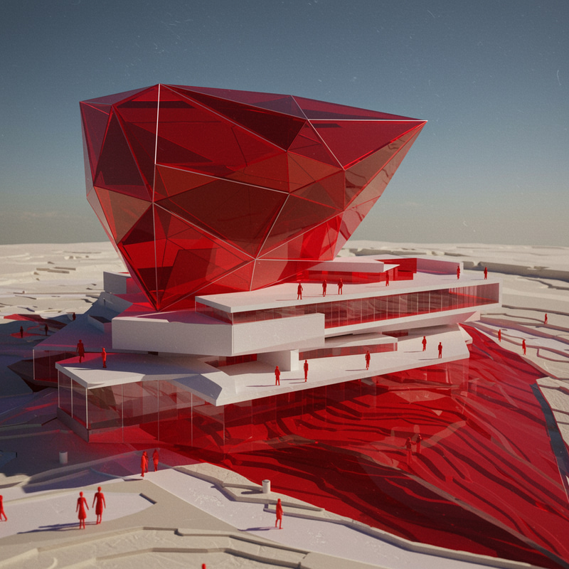 Futuristic Architectural Model with Red and White Features