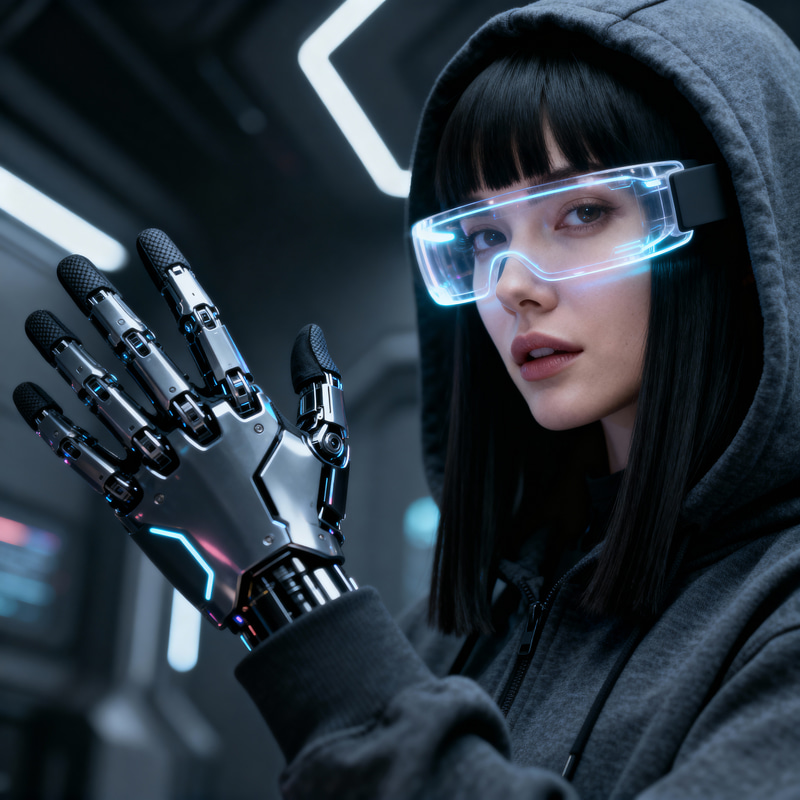 Futuristic Cyberpunk Woman in VR Glasses