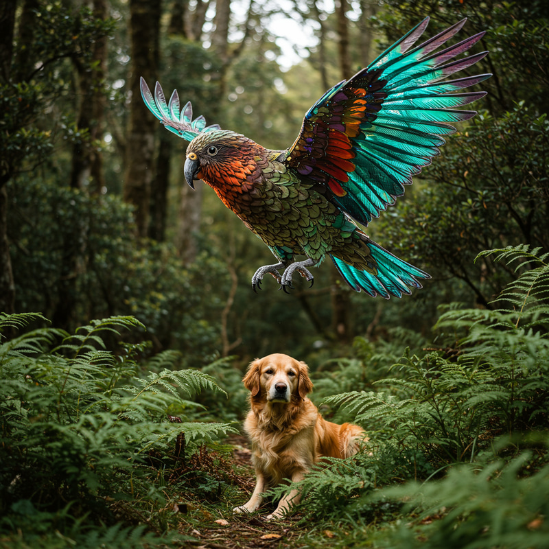 Vibrant Abstract Kea Bird Art with Resting Dog Vibrant Abstract Kea Bird Art with Resting Dog