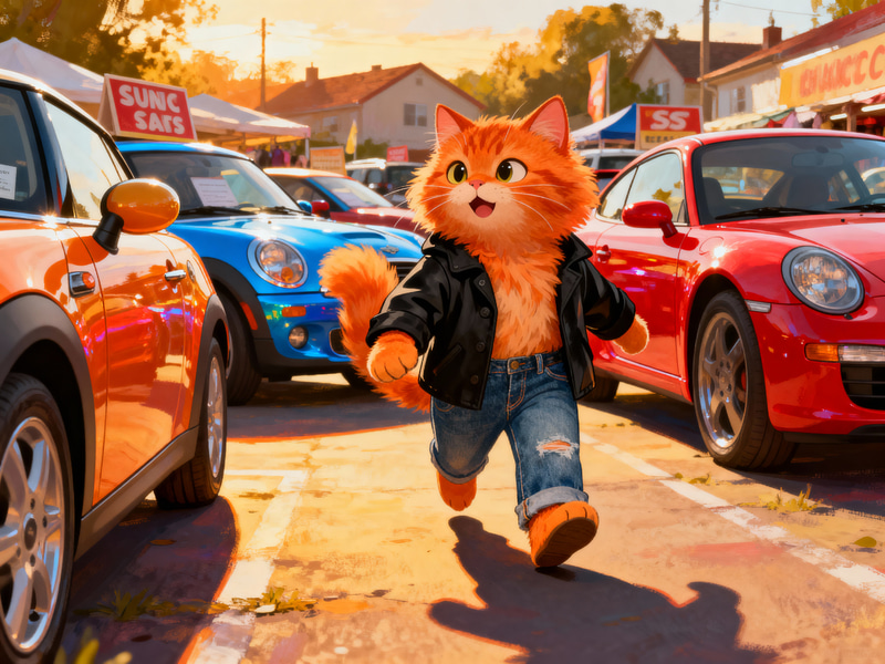 Stylish Orange Cat at Colorful Car Sale