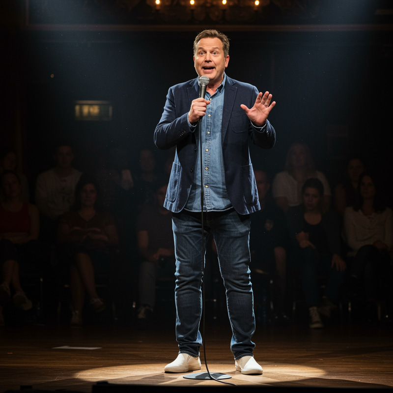 54-Year-Old Male Stand-Up Comedian on Stage 54-Year-Old Male Stand-Up Comedian on Stage