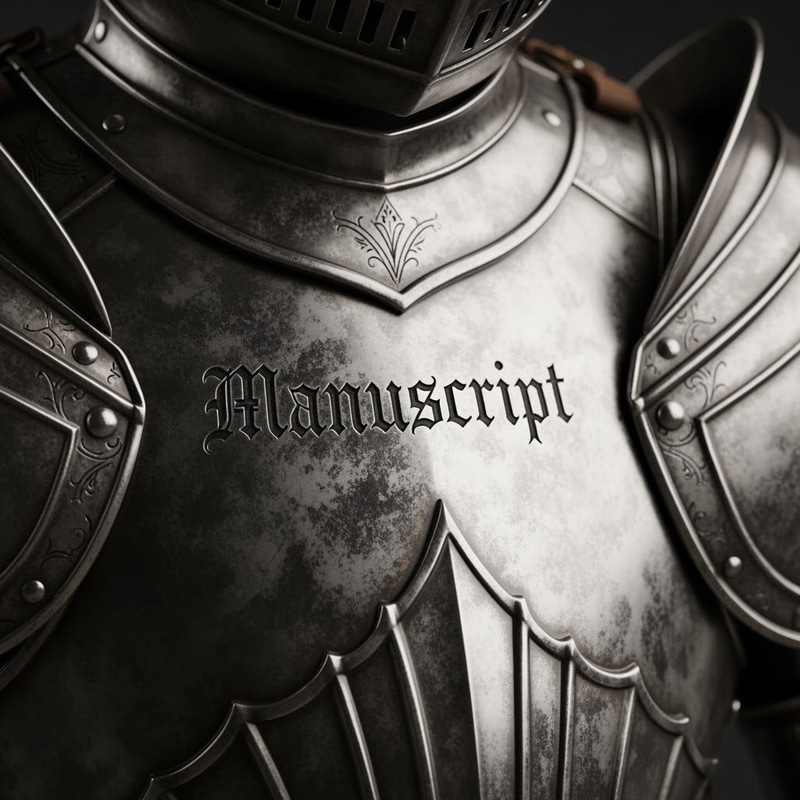 Masculine Medieval Silver Armor with Manuscript Engraving Masculine Medieval Silver Armor with Manuscript Engraving