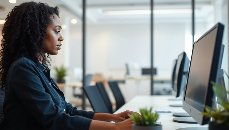 Focused Black Female Professional in Modern Office Focused Black Female Professional in Modern Office
