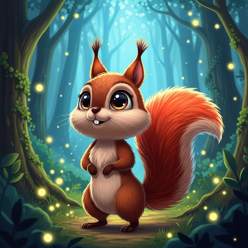 Charming Cartoon Squirrel in Enchanted Forest Charming Cartoon Squirrel in Enchanted Forest