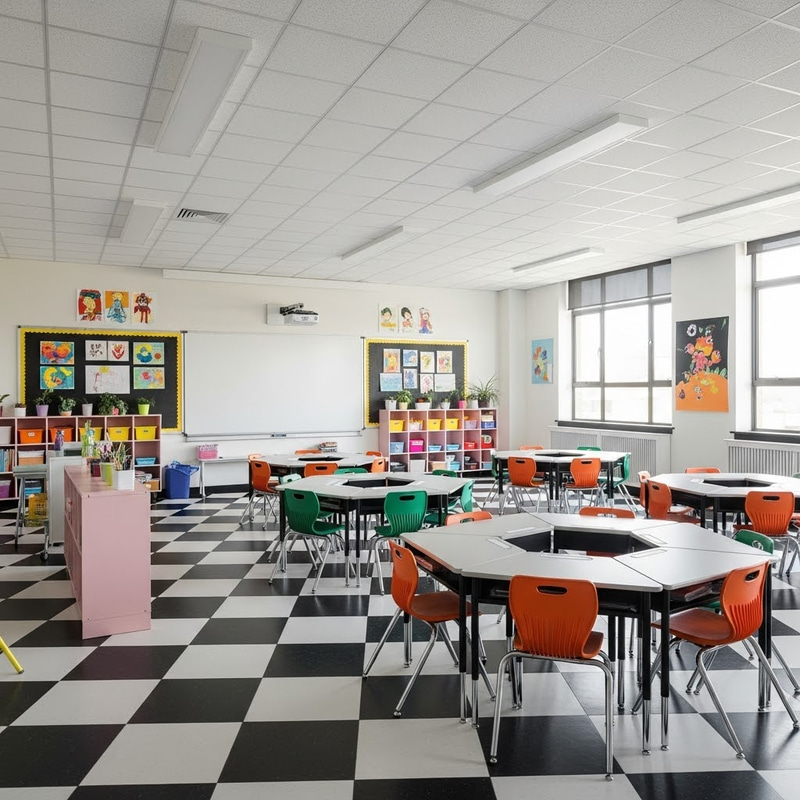 Vibrant Classroom Design with Checkered Patterns Vibrant Classroom Design with Checkered Patterns