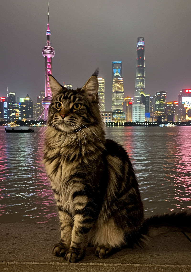 Stunning Maine Coon Cat at Night in Shanghai Stunning Maine Coon Cat at Night in Shanghai