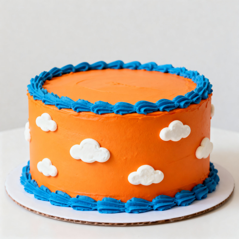One-Tiered Orange Cake with Blue Trim and Clouds