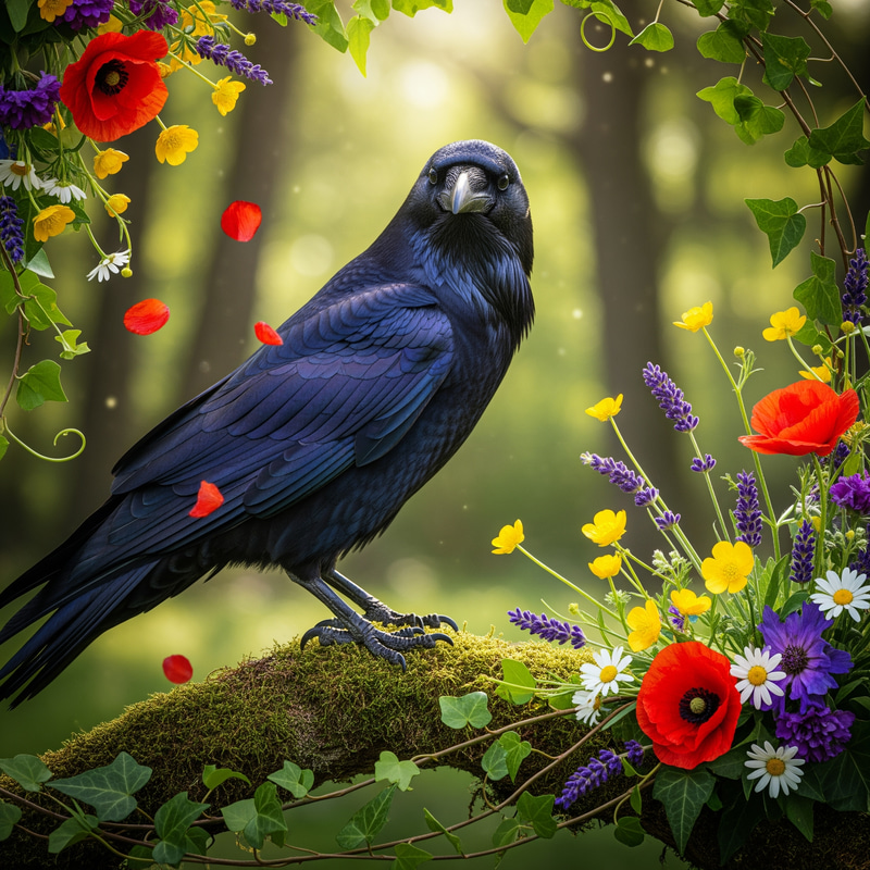 Raven with Beautiful Flowers - A Unique Art Piece