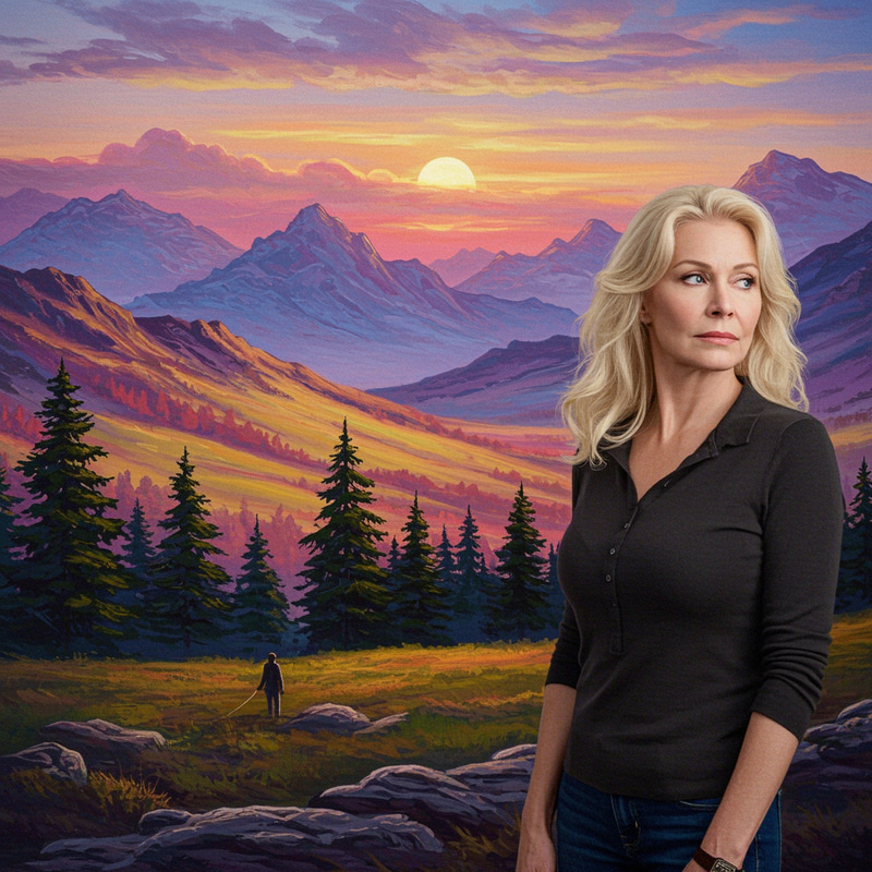 Psychedelic Mountain Landscape with a Reflective Woman Psychedelic Mountain Landscape with a Reflective Woman