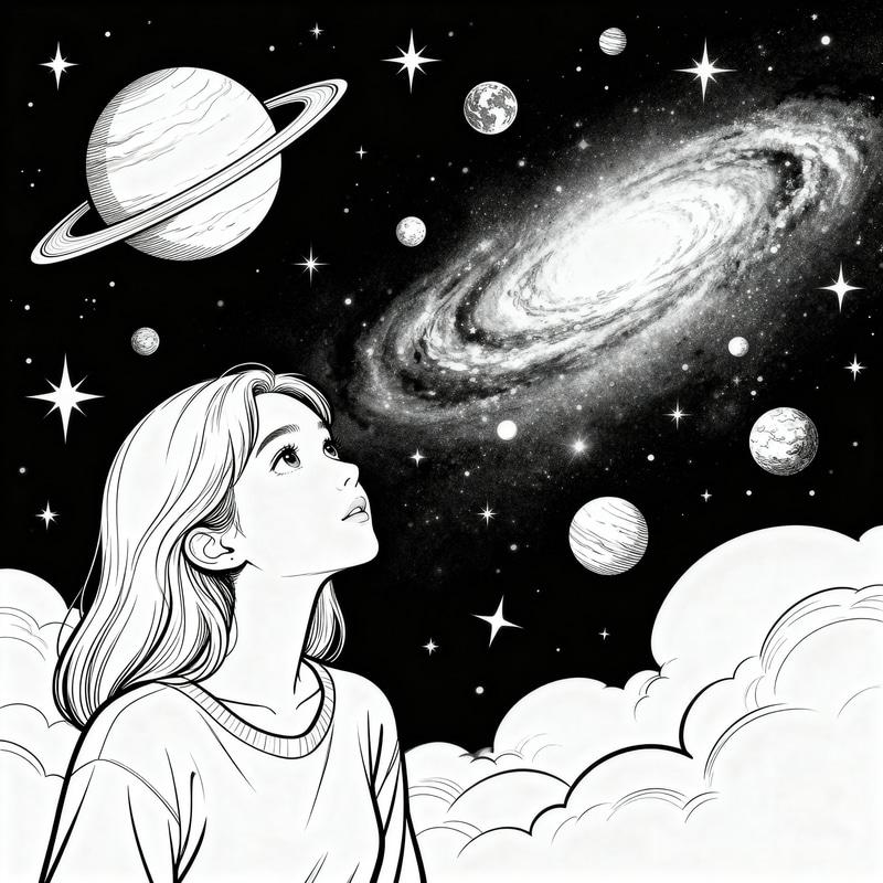 Dreamy Woman Gazing at the Universe Coloring Page Dreamy Woman Gazing at the Universe Coloring Page