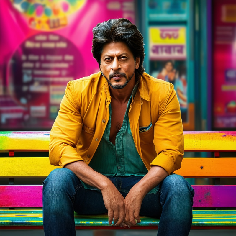 Shah Rukh Khan Bollywood Star on Colorful Bench | Film-Inspired 4K Shah Rukh Khan Bollywood Star on Colorful Bench | Film-Inspired 4K