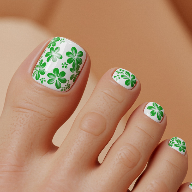 White Toenails with Green Flower Design