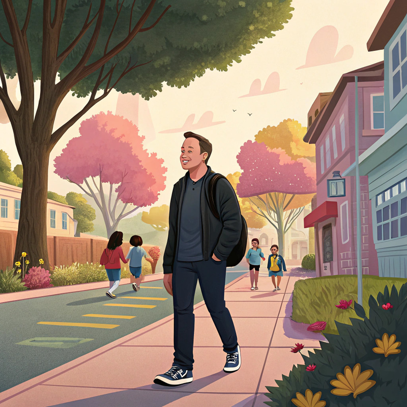 Pixar-Style Elon Musk Walking to School Image Pixar-Style Elon Musk Walking to School Image