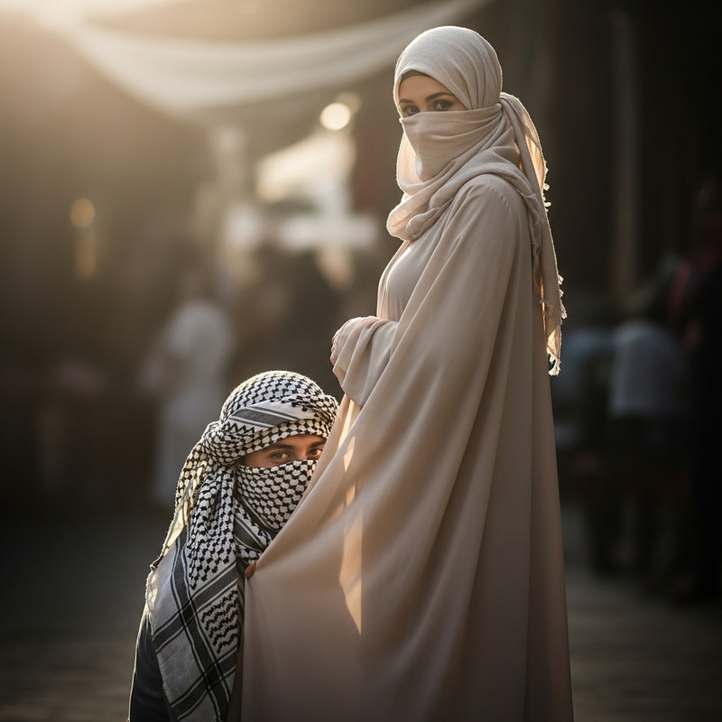 Man Hiding Under Wife's Dress With Kaffir Scarf Man Hiding Under Wife's Dress With Kaffir Scarf