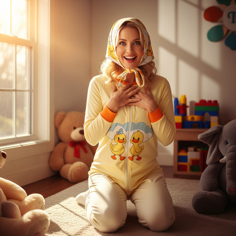 Joyful Indoor Shot of a Blonde Woman in Baby Outfit