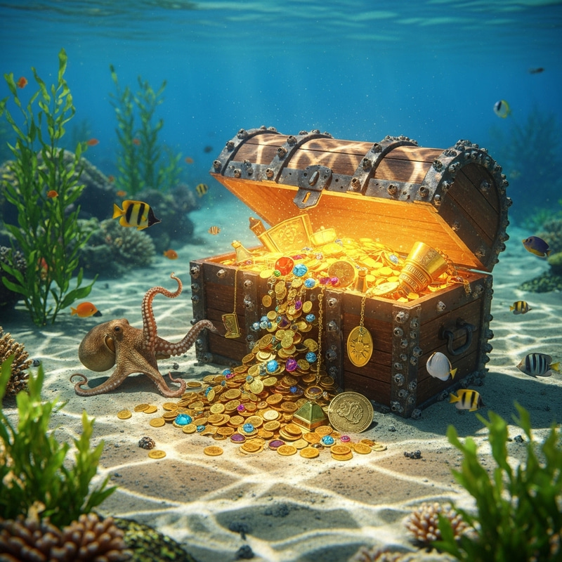 Underwater Treasure Chest with Gold Coins