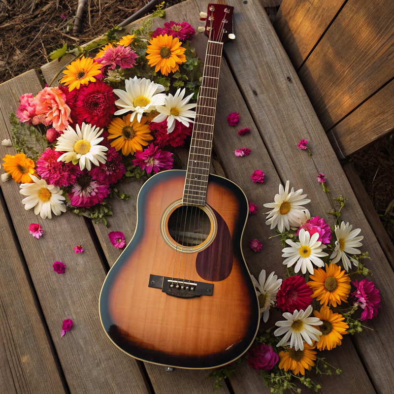 Beautiful Acoustic Guitar Surrounded by Flowers Beautiful Acoustic Guitar Surrounded by Flowers