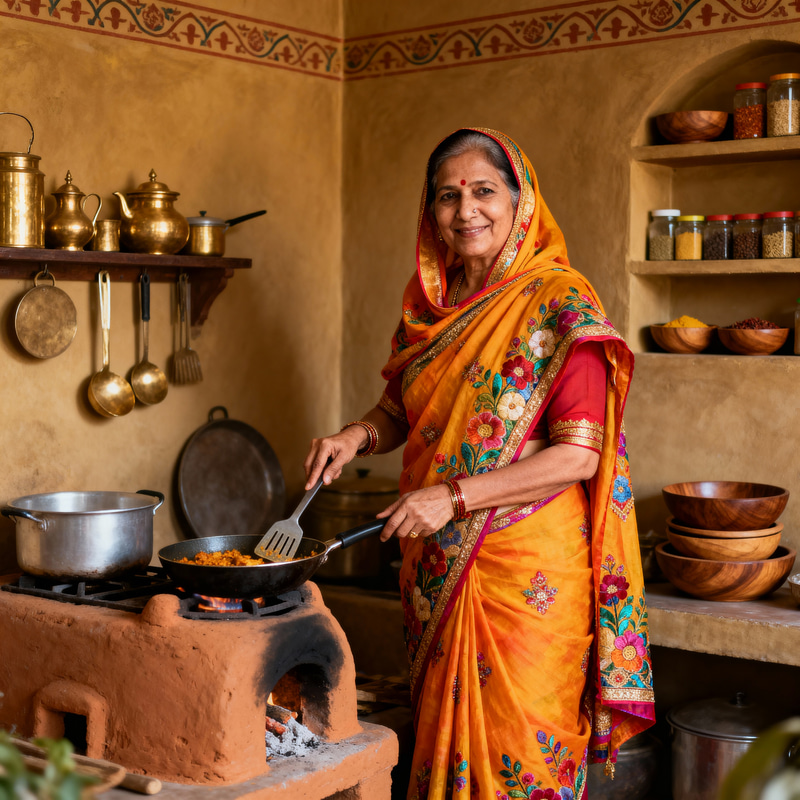 Traditional Indian Kitchen with Muslim Woman in Attire Traditional Indian Kitchen with Muslim Woman in Attire