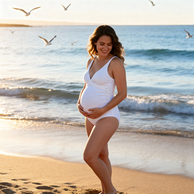 Pregnant Woman in Swimsuit at the Beach Pregnant Woman in Swimsuit at the Beach