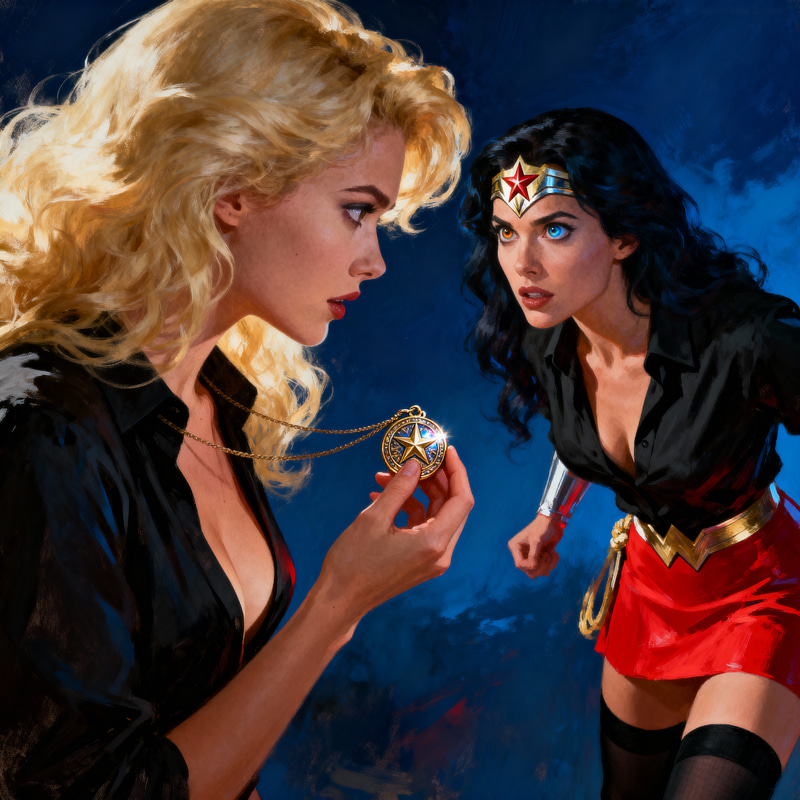 Epic Face-Off: Wonder Woman vs. Captivating Blonde Epic Face-Off: Wonder Woman vs. Captivating Blonde