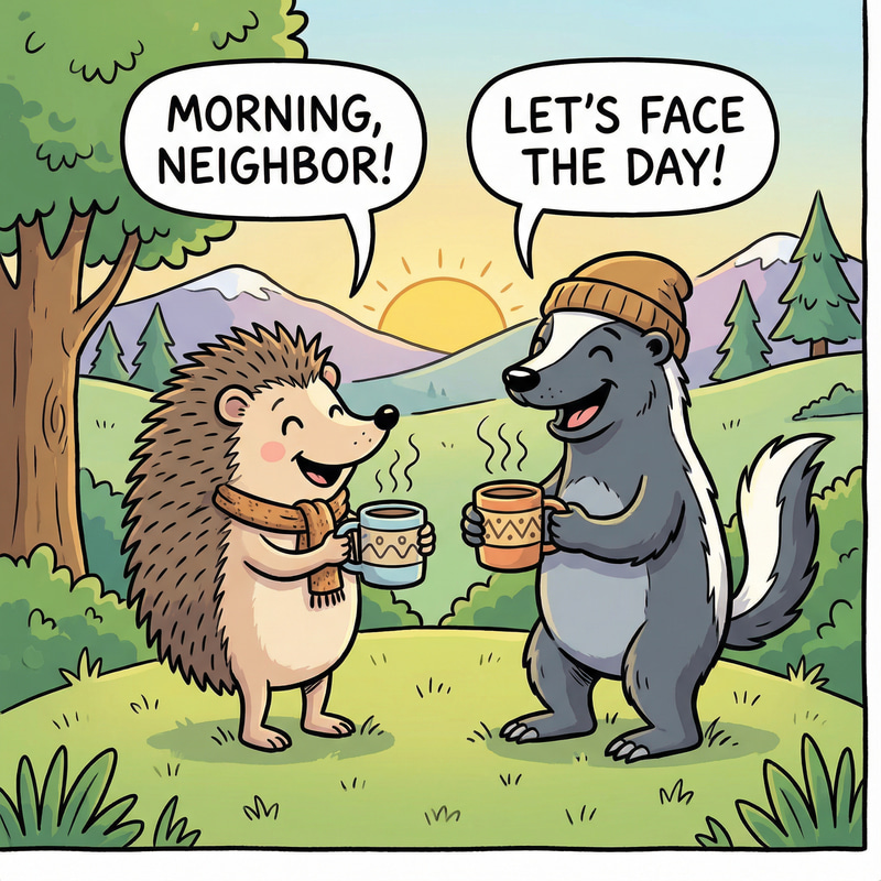 Cheerful Hedgehog & Honeybadger Morning Coffee