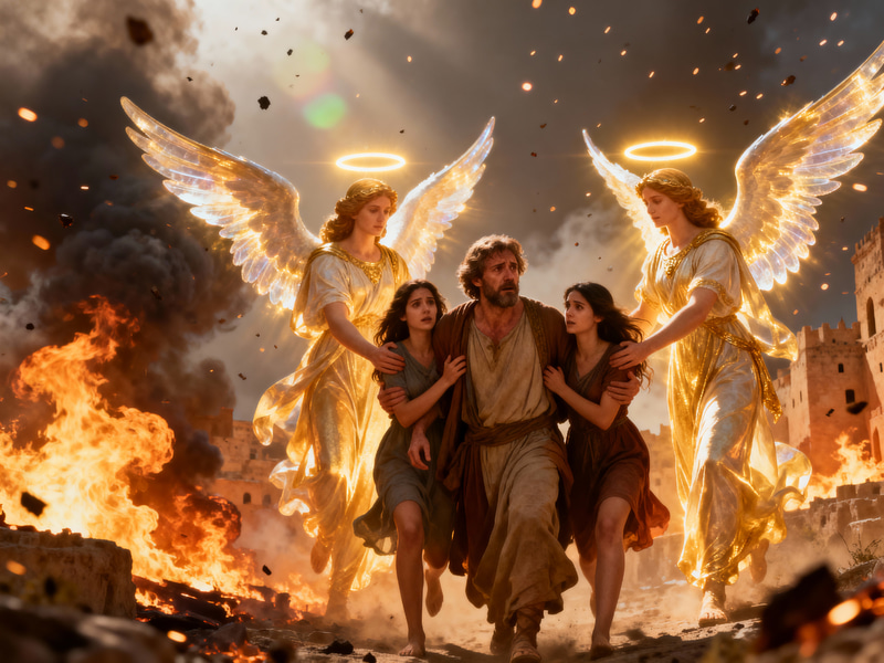 Angelic Rescue of Lot from Sodom's Flames Angelic Rescue of Lot from Sodom's Flames