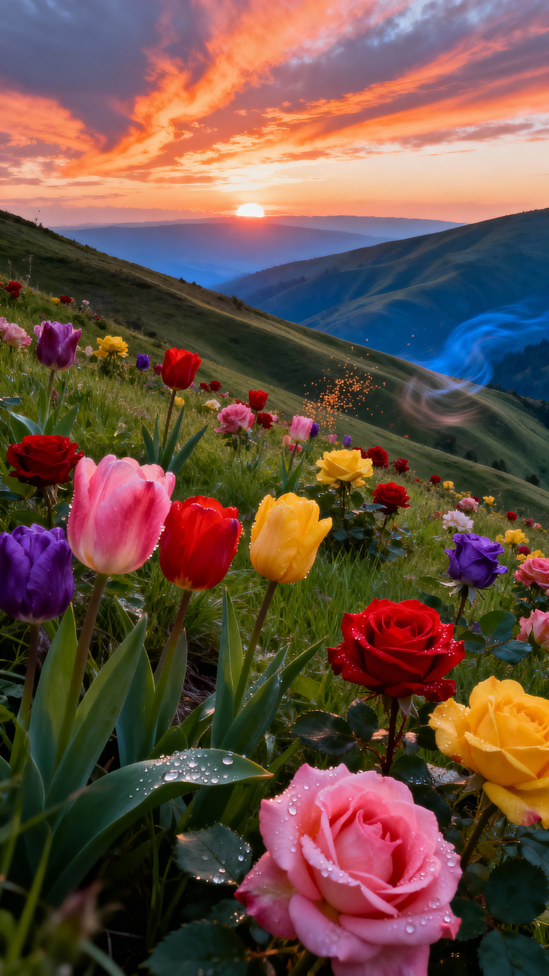 Stunning Tulip and Rose Field at Sunset