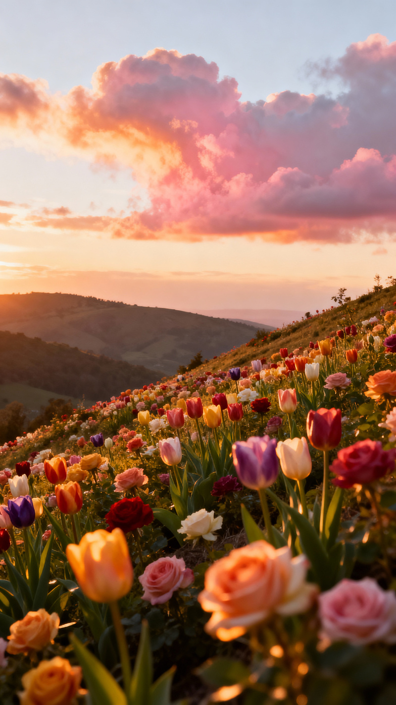Colorful Tulip & Rose Field at Sunset