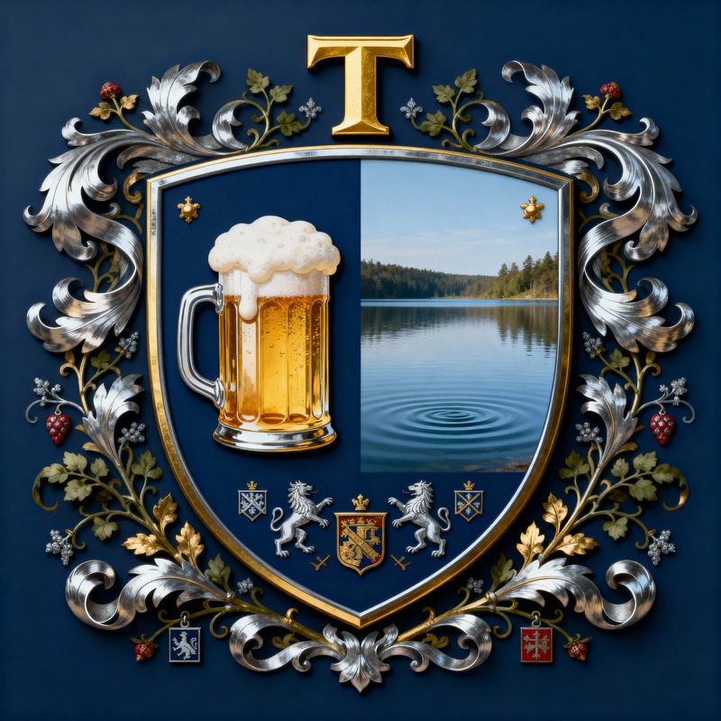 Noble Family Crest with Beer and Lake Design