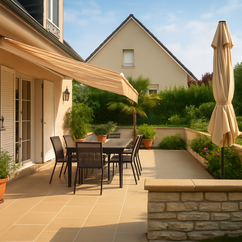 Terrace Design with Table, Canopy, and Greenery Terrace Design with Table, Canopy, and Greenery