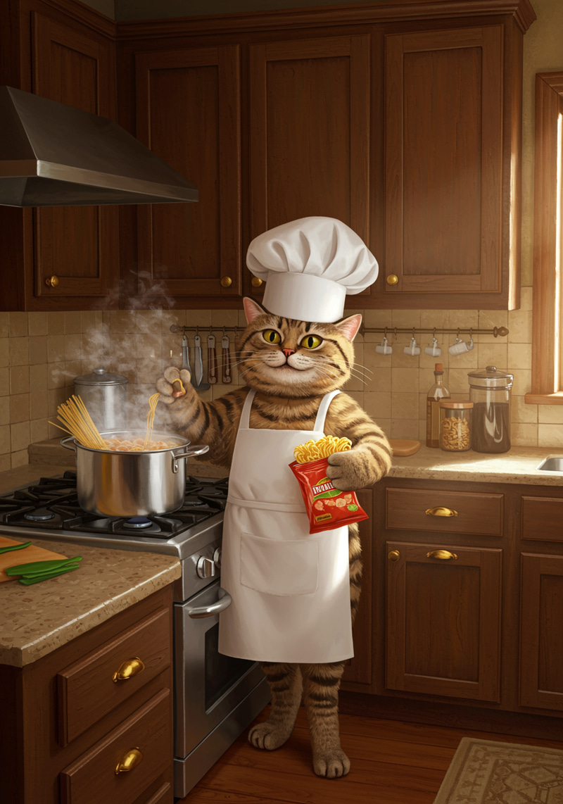 Cheerful Feline Chef in a Cozy Kitchen Cheerful Feline Chef in a Cozy Kitchen
