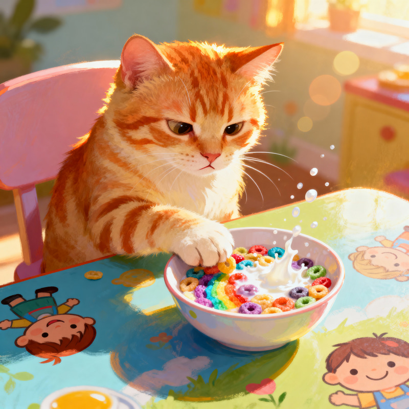 Whimsical Tabby Cat Breakfast Scene Whimsical Tabby Cat Breakfast Scene