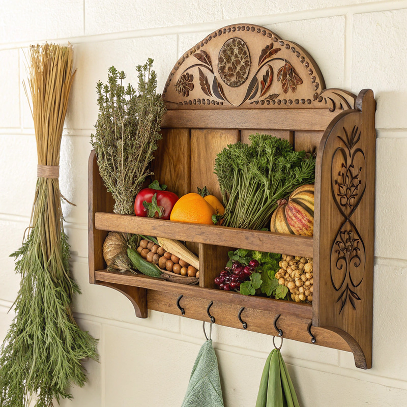 Rustic Wooden Wall Rack with Dried Herbs Rustic Wooden Wall Rack with Dried Herbs