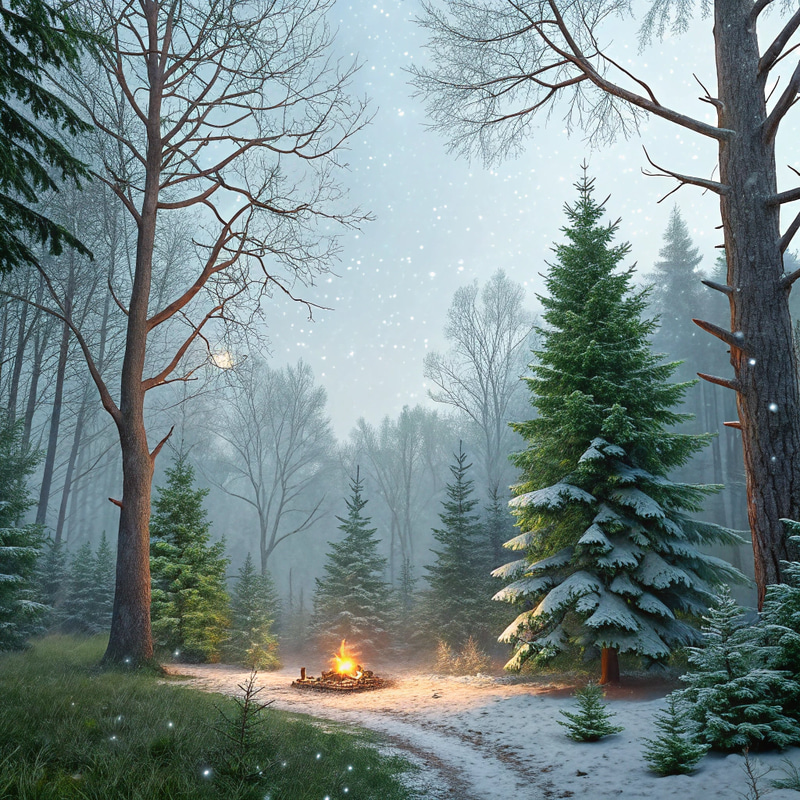 Whimsical Forest Scene with Fire Pit and Snow Whimsical Forest Scene with Fire Pit and Snow