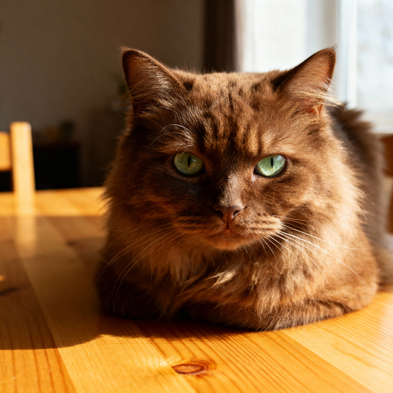 Fluffy Brown Cat with Sage Green Eyes