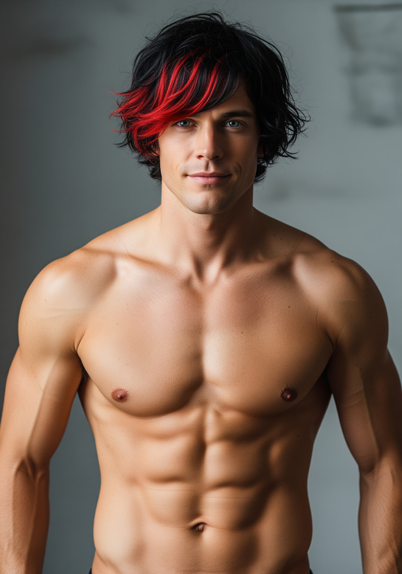 Bold Male Model with Unique Black and Red Hair