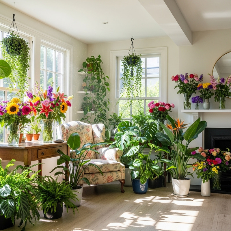 Beautiful Sunlit Room with Flowers and Plants Beautiful Sunlit Room with Flowers and Plants