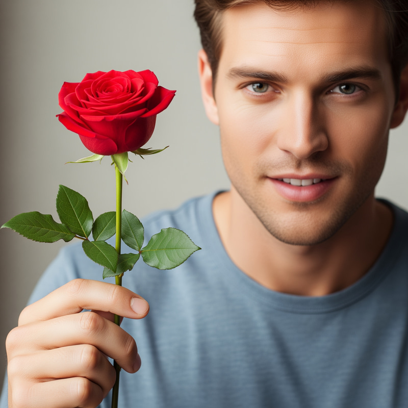 Caucasian Man Holding a Rose - Natural Look