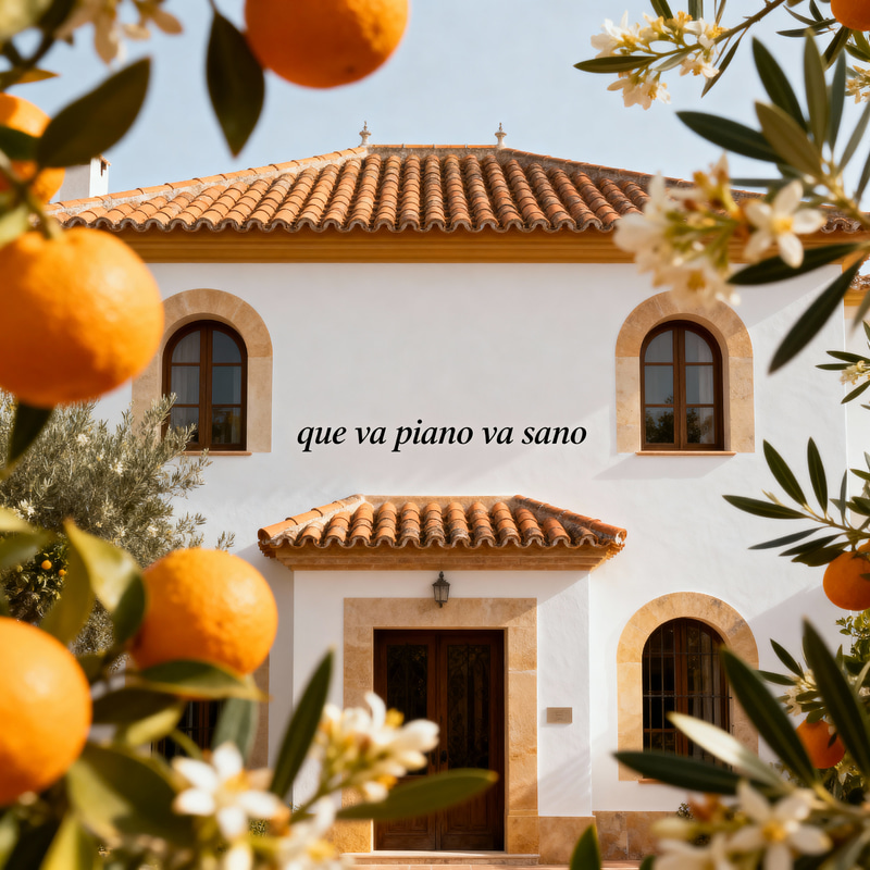Spanish House Facade with Olive Leaves & Orange Flowers Spanish House Facade with Olive Leaves & Orange Flowers