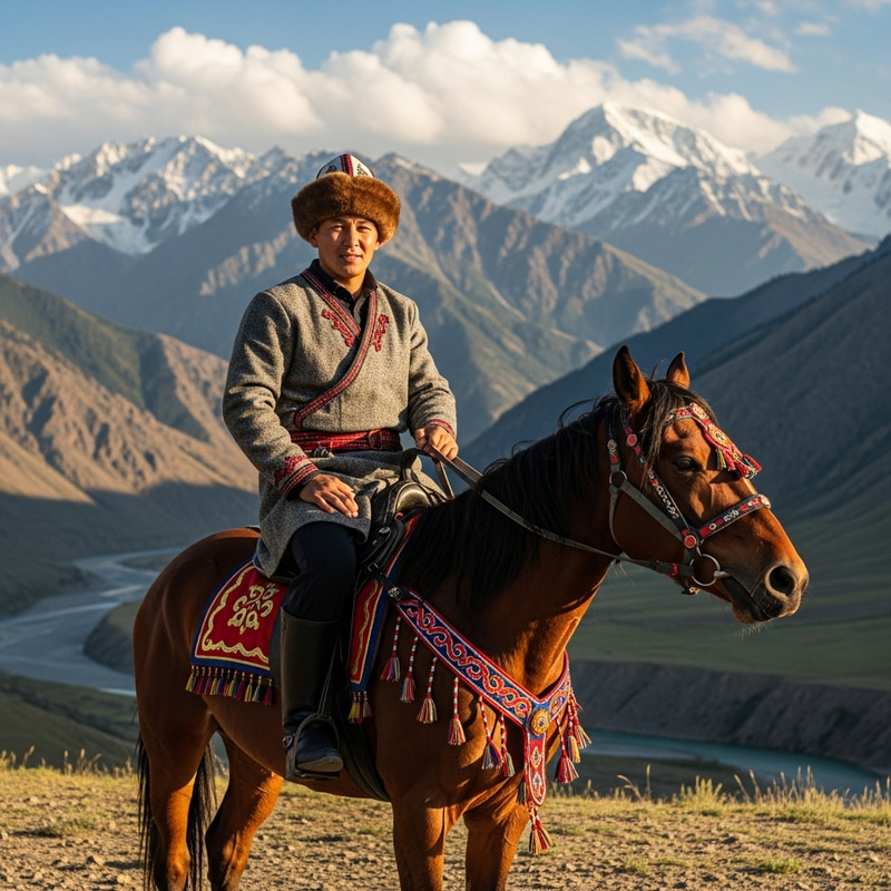 Asian Husband on Horse in Kazakh Mountains