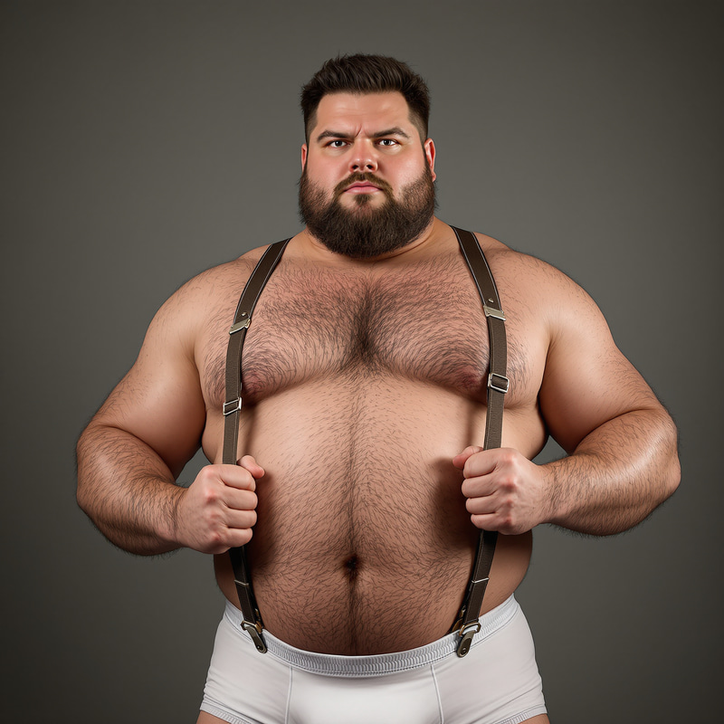 Beefy Man in White Underwear with Suspenders