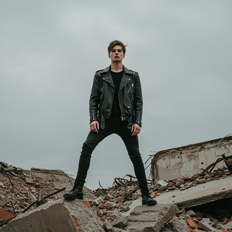 Heroic Young Man in Oversized Leather Jacket Heroic Young Man in Oversized Leather Jacket