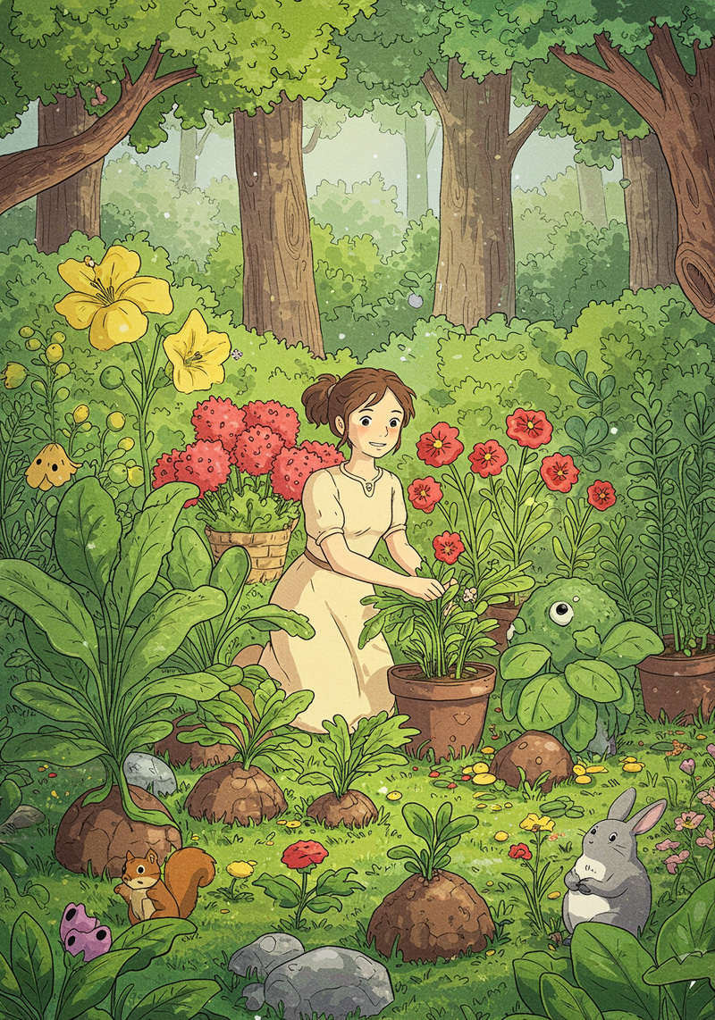 Woman's Garden: Plants & Wellness in Ghibli Style Woman's Garden: Plants & Wellness in Ghibli Style