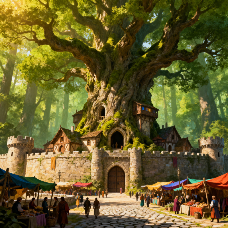 Medieval Fantasy City Around Giant Ancient Tree